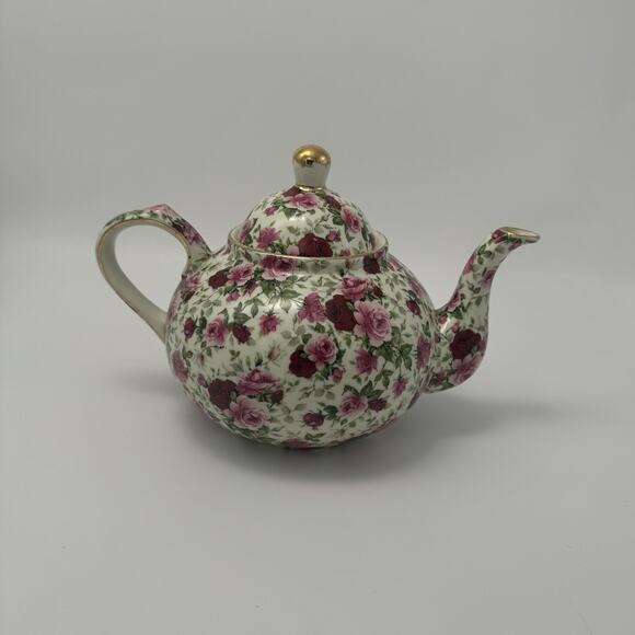Vintage Formalities By Baum Bros Pink & Red Rose Tea Pot Gold Trim - Picture 1 of 9